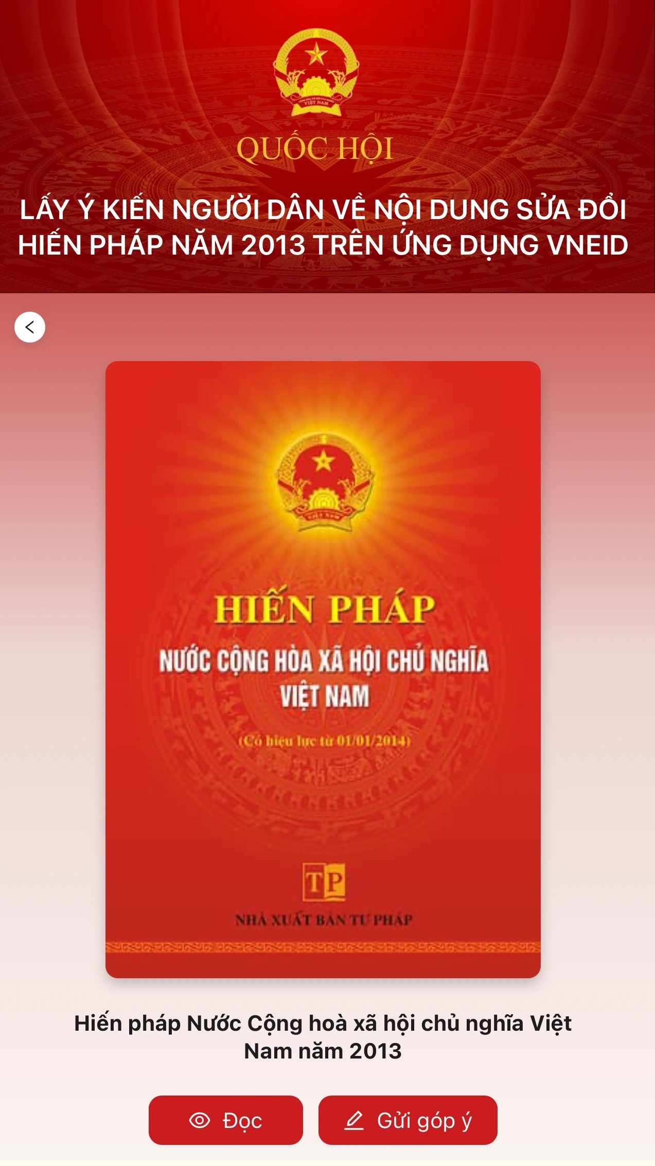 Hướng dẫn nhân dân góp ý sửa Hiến pháp 2013 trên VneID. Ảnh chụp màn hình