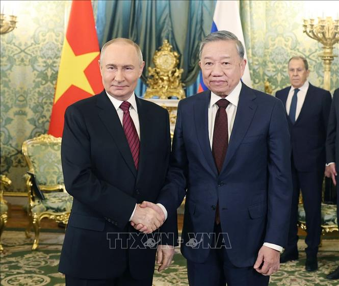 Tổng Bí thư Tô Lâm hội đàm hẹp với Tổng thống Nga Vladimir Putin. Ảnh: Thống Nhất/TTXVN