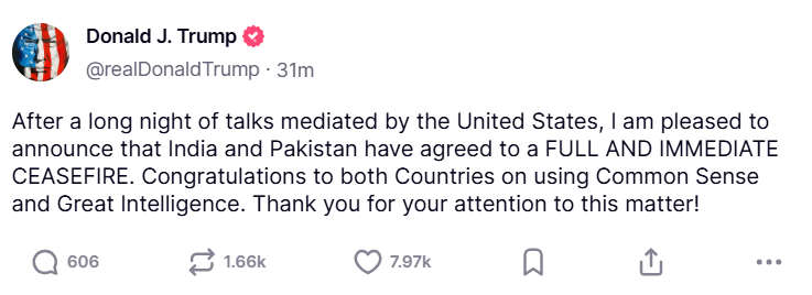Tổng thống Mỹ Donald Trump tiết lộ về thỏa thuận ngừng bắn ngay lập tức giữa Ấn Độ và Pakistan