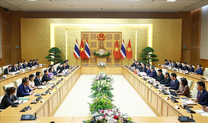 Quang cảnh Kỳ họp lần thứ tư Nội các chung Việt Nam - Thái Lan doThủ tướng Phạm Minh Chính và Thủ tướng Thái Lan Paetongtarn Shinawatra đồng chủ trì - Ảnh: TTXVN.