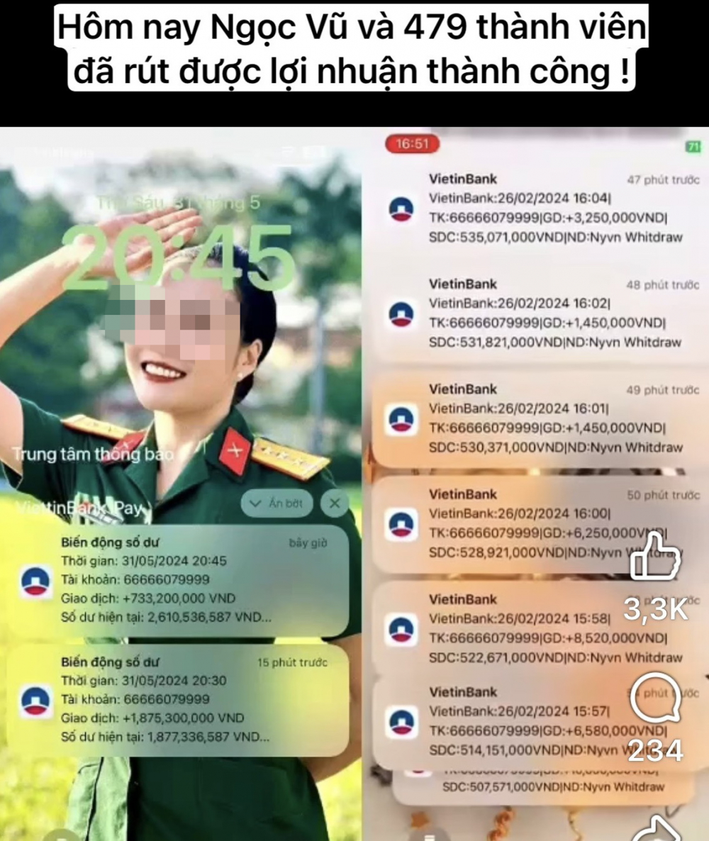 Trên mạng xã hội Facebook có rất nhiều bài viết, video mạo danh quân nhân, bác sĩ, giáo viên, công chức, viên chức nhà nước  kêu gọi đầu tư - Ảnh chụp màn hình