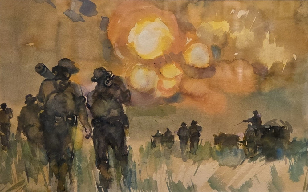 Trên đường chiến dịch tháng 4/1975 (màu nước, 1975) - Nguyễn Thanh Châu.