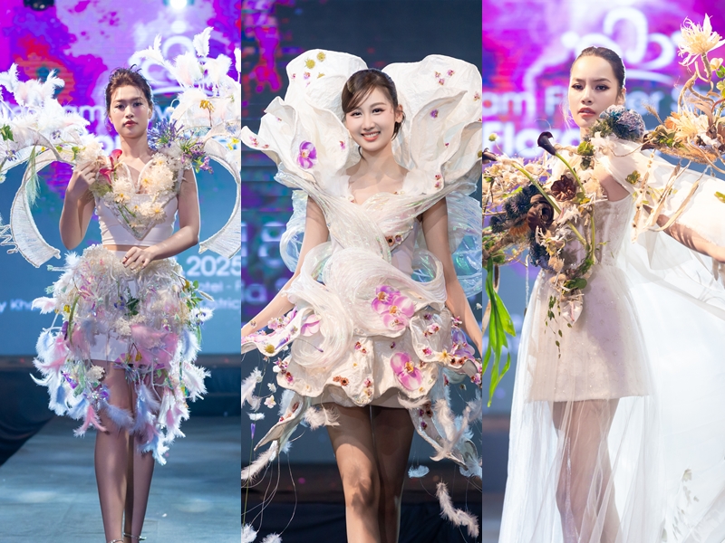 Tại sự kiện Vietnam Flower Show 2025 với chủ đề “Floral Dreams” (giấc mơ hoa) diễn ra tại TPHCM tối 18/5, dàn hoa hậu Thiên Ân, Quế Anh, Lê Hoàng Phương cùng nhau trình diễn những thiết kế được đính kết hoa ấn tượng. Điểm nhấn của chương trình là màn trình diễn thời trang quy tụ 40 nghệ nhân hoa trong và ngoài nước tham gia. 