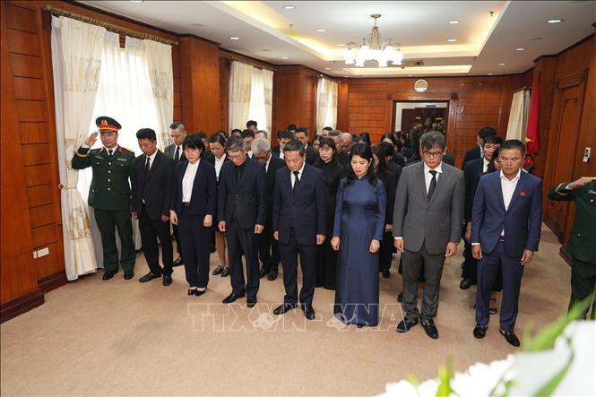 Đoàn đại biểu Đại sứ quán Việt Nam tại Lào và các cơ quan bên cạnh ĐSQ vào viếng nguyên Chủ tịch nước Trần Đức Lương. Ảnh: Đỗ Bá Thành/PV TTXVN tại Lào