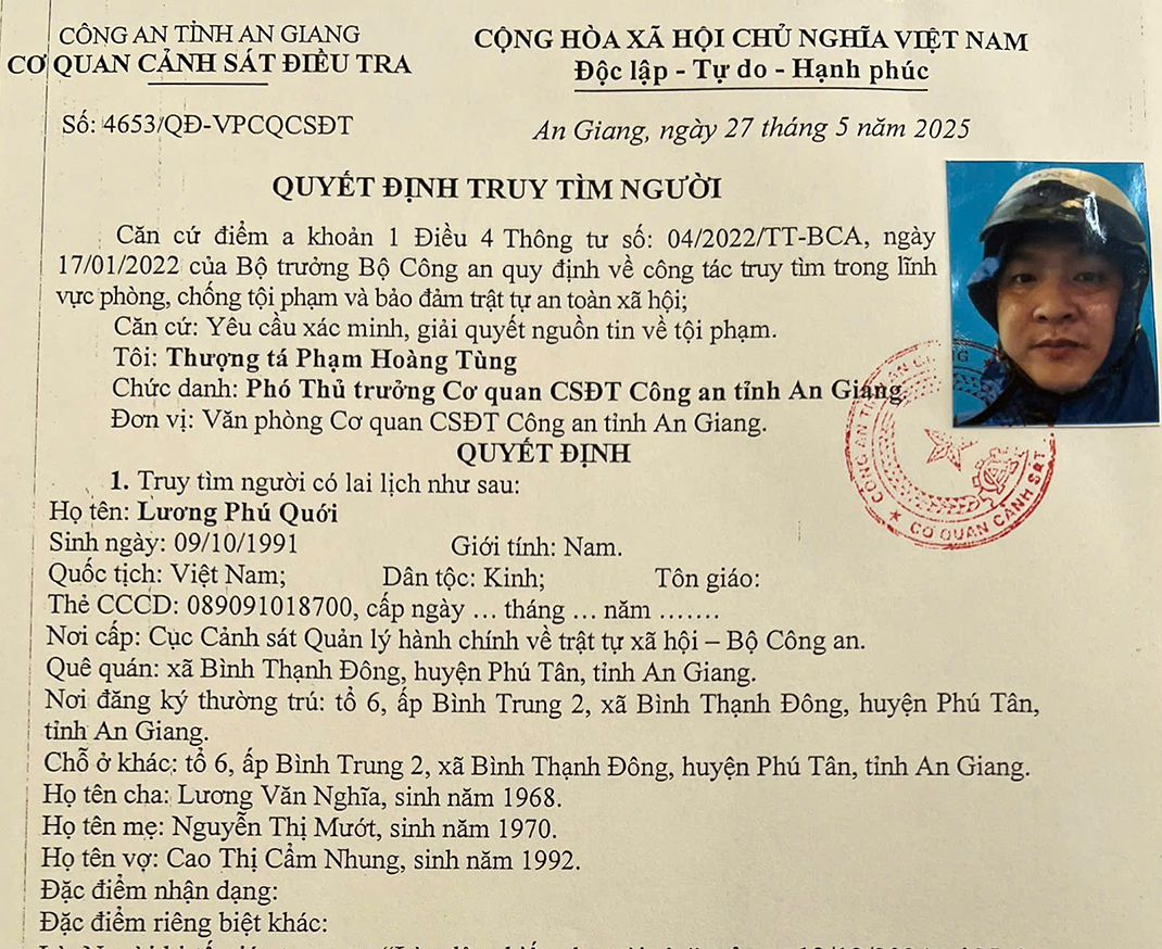 Cơ quan chức năng truy tìm đối tượng Lương Phú Quới… Ảnh: Tiến Tầm