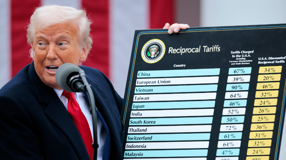 Tổng thống Donald Trump giơ cao một biểu đồ trong khi phát biểu trong thông báo thương mại Ngày Giải phóng vào ngày 2 tháng 4. Hình ảnh Chip Somodevilla / Getty