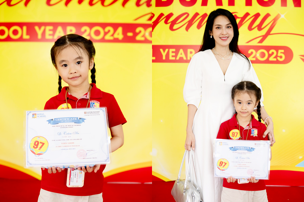 Gia đình Tú Vi - Văn Anh xúc động khi con đạt được thành tích học tập trong bậc học Tiểu học đầu tiên - Ảnh: Royal School