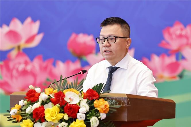 Chủ tịch Quốc hội Trần Thanh Mẫn: Báo chí đưa Quốc hội đến gần dân, đưa tiếng dân vào nghị trường Đồng chí Lê Quốc Minh, Phó trưởng Ban Tuyên giáo và Dân vận Trung ương, Tổng Biên tập Báo Nhân Dân, Chủ tịch Hội Nhà báo Việt Nam phát biểu. Ảnh: Doãn Tấn/TTXVN