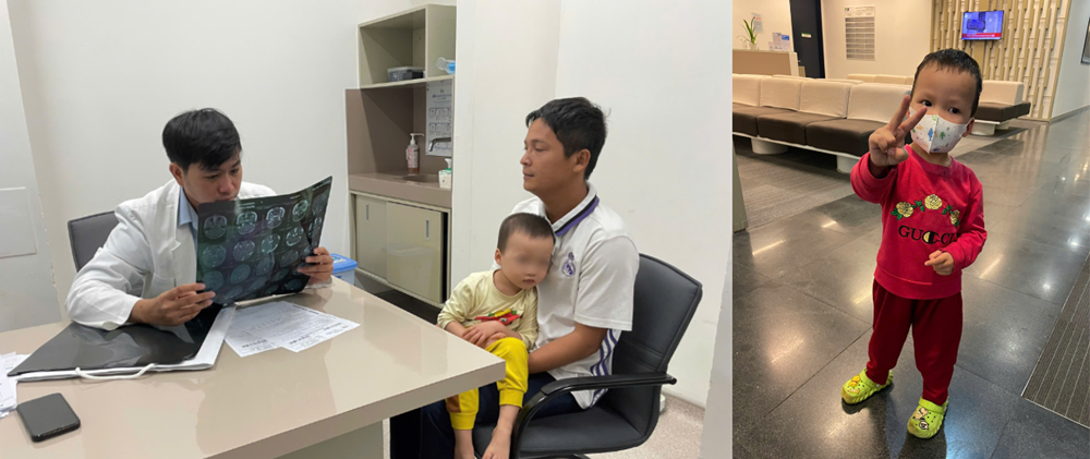 Bé T.L được cha đưa đi tái khám tại Bệnh viện FV - Ảnh: FV