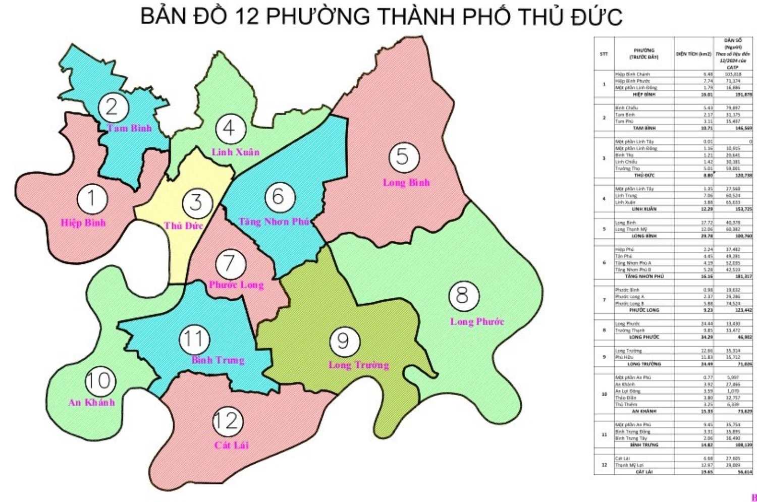 Bản đồ 12 phường mới ở TP Thủ Đức. Ảnh: UBND TP Thủ Đức