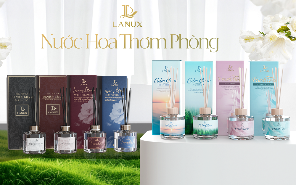 Bộ sưu tập nước hoa thơm phòng Lanux với thiết kế hiện đại và phân chia theo concept cảm xúc rõ ràng, phù hợp không gian sống trẻ trung, tinh tế