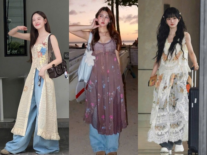Váy hai dây voan thêu hoa dáng dài gây ấn tượng bởi chất liệu voan hoặc lưới mỏng nhẹ, tạo cảm giác bồng bềnh và mềm mại như làn gió mùa hè. Các hoạ tiết thêu hoa nổi cổ điển phủ khắp thân váy, mang đậm hơi thở vintage nhưng không hề lỗi thời. Dáng váy dài buông rủ tự nhiên, đôi khi được nhấn nhá bằng viền ren, bèo nhún hay tà xẻ, giúp tôn dáng mà vẫn giữ được nét thơ ngây và phóng khoáng. 