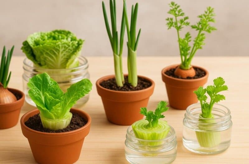Thay vì bỏ đi phần gốc rau sau khi nấu nướng, bạn hoàn toàn có thể tận dụng để trồng lại. Hành lá, cải bẹ, rau muống, rau thơm… đều có khả năng mọc lại từ phần gốc còn tươi. Chỉ cần ngâm gốc rau vào ly nước sạch vài ngày cho ra rễ, sau đó chuyển sang trồng trong chậu đất, bạn sẽ có mẻ rau xanh mới sau 1–2 tuần. Cách này vừa tiết kiệm chi phí mua giống, vừa giúp tái sử dụng thực phẩm thông minh, phù hợp với những ai thích làm vườn tại nhà nhưng chưa có nhiều kinh nghiệm.