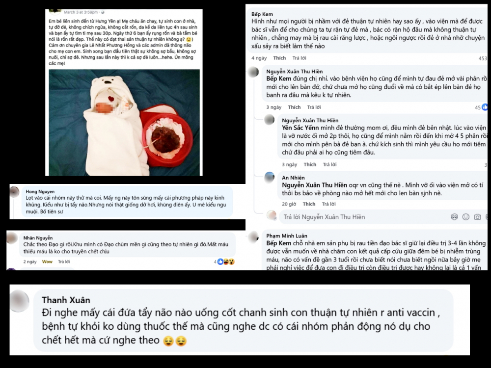 Lợi dụng cổ xúy sinh con thuận tự nhiên để bán hàng, lừa đảo Trên các hội nhóm, nhiều người phản đối và đưa dẫn chứng về sự nguy hiểm của những trường hợp sinh con thuận tự nhiên