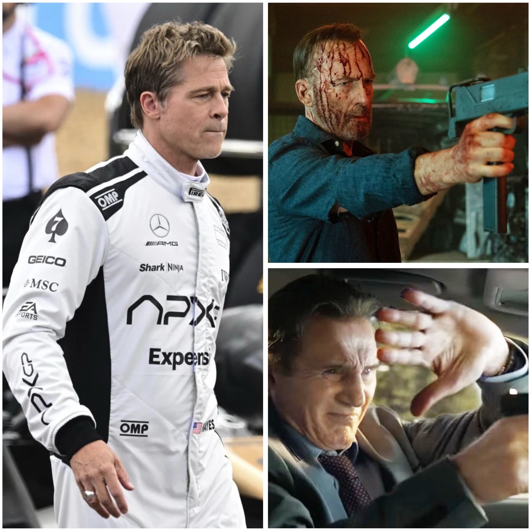 Từ trái qua phải, trên xuống dưới: Brad Pitt, Bob Odenkirk và Liam Neeson vẫn chứng tỏ phong độ đỉnh cao trong các phim hè F1®, Kẻ vô danh 2 và Họng súng vô hình - Nguồn ảnh: Studio