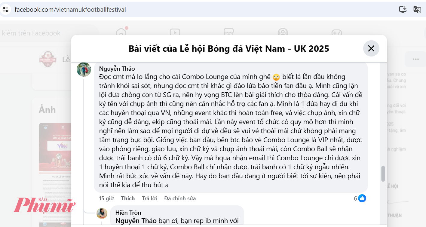 Một người hâm mộ bày tỏ bức xúc trên trang Facebook của ban tổ chức