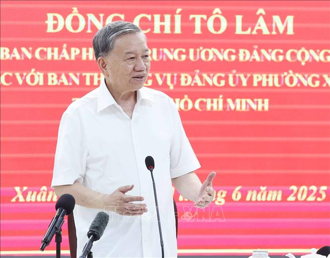 Tổng bí thư Tô Lâm khảo sát thực tế mô hình chính quyền địa phương 2 cấp tại TPHCM Tổng Bí thư Tô Lâm phát biểu tại buổi làm việc với Ban Thường vụ Đảng uỷ phường Xuân Hoà, Thành phố Hồ Chí Minh. Ảnh: Thống Nhất/TTXVN