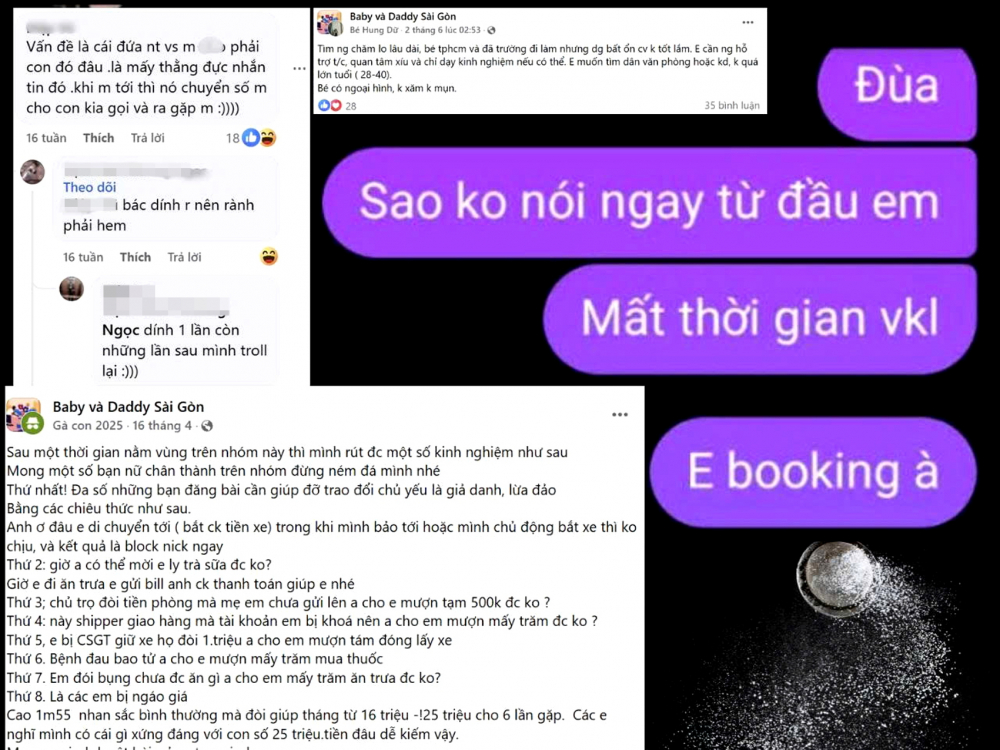 Cảnh báo lừa đảo từ những “nạn nhân” trên các hội nhóm sugar baby - ĐỒ HỌA: HOÀNG KIM