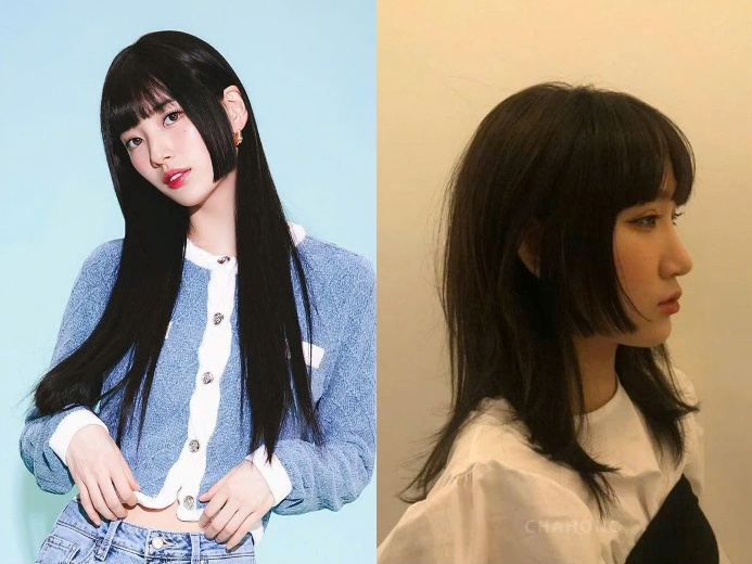 Nếu bạn yêu thích phong cách cổ điển pha chút phá cách, tóc công chúa Nhật (Hime cut) sẽ là lựa chọn đáng để thử. Kiểu tóc này được nhận diện bởi hai lọn tóc hai bên má được cắt ngang, kết hợp với phần mái bằng hoặc để trán lộ tùy sở thích. Hime cut tạo khối rõ ràng cho khuôn mặt giúp đường nét trở nên cân đối và hài hòa hơn. Với gương mặt dài hoặc trái xoan, kiểu tóc này sẽ làm nổi bật những vùng như trán và cằm một cách tinh tế. Để giữ được phom tóc chuẩn đẹp, bạn nên ưu tiên chất tóc thẳng và có khả năng vào nếp tốt.