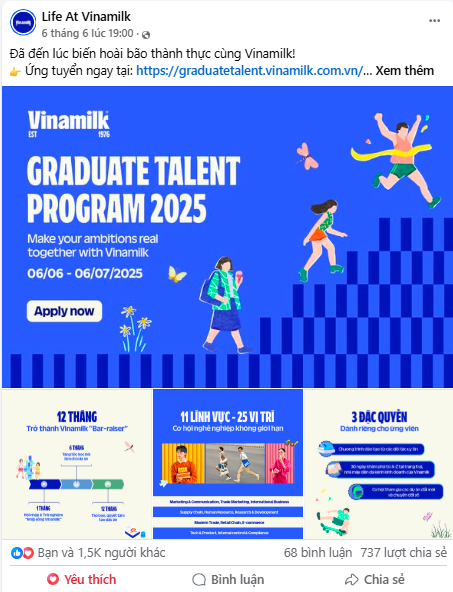 Thông tin tuyển dụng Vinamilk Graduate Talent Program trên fanpage của doanh nghiệp được nhiều bạn trẻ quan tâm