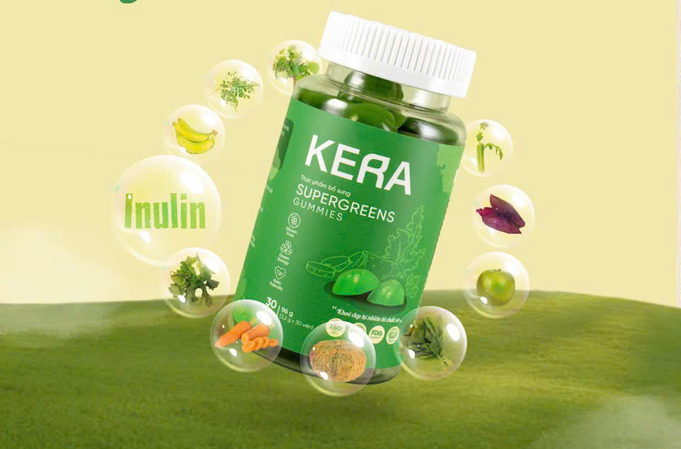 Sản phẩm kẹo rau Kera với bao bì xanh, được quảng cáo làm từ nông sản Việt
