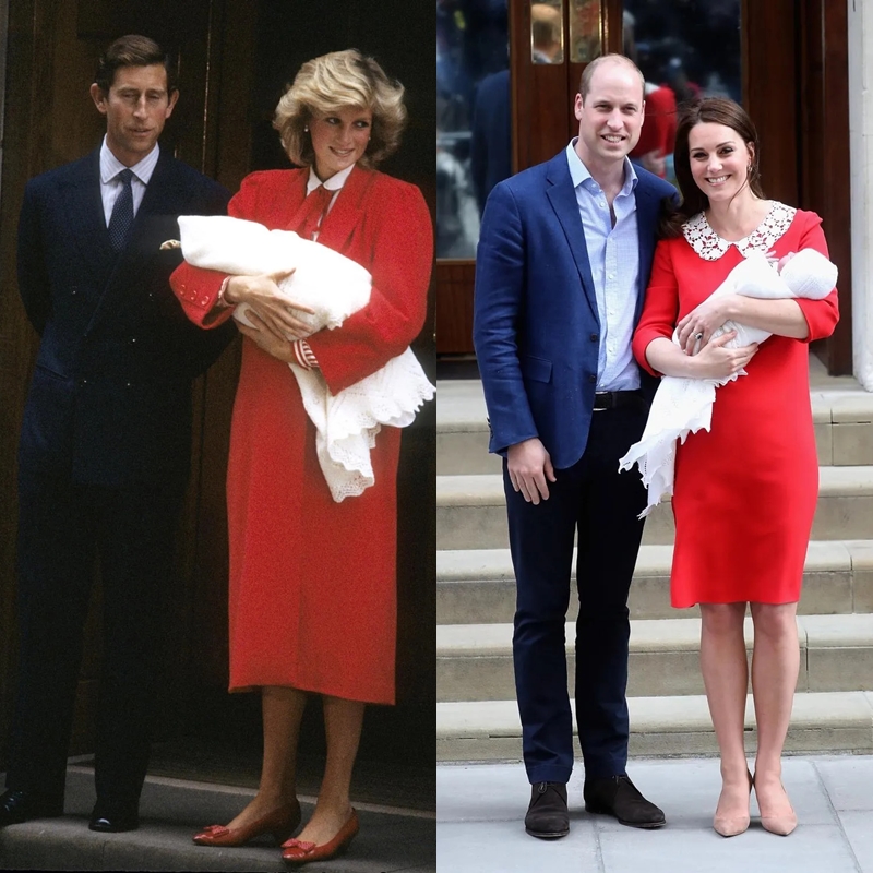 Năm 1984, khi ra mắt công chúng sau khi hạ sinh Hoàng tử Harry, Công nương Diana gây ấn tượng với áo khoác đỏ rực và giày búp bê đồng màu, chứng minh đẳng cấp thời trang trong mọi hoàn cảnh. Gần ba thập kỷ sau, Công nương Kate cũng chọn sắc đỏ làm điểm nhấn khi giới thiệu Hoàng tử Louis sau sinh vào năm 2018, như một sự tiếp nối hình ảnh biểu tượng của Diana.