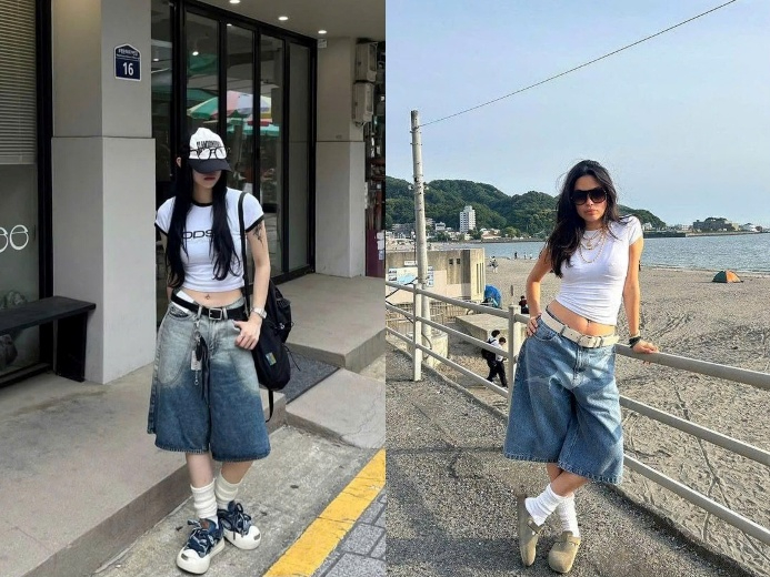 Với những cô nàng yêu thích sự phóng khoáng và không quá bận tâm đến tỷ lệ hình thể, áo ôm dáng ngắn kết hợp cùng quần jeans ống rộng lửng là một lựa chọn đáng thử. Dáng quần suông xòe nhẹ tạo cảm giác thoải mái và năng động, còn phần cạp lưng thấp giúp outfit thêm phần cá tính. Đây là phong cách phù hợp cho những bạn muốn thể hiện sự tự tin và không ngại thử nghiệm với những tỉ lệ lạ mắt.