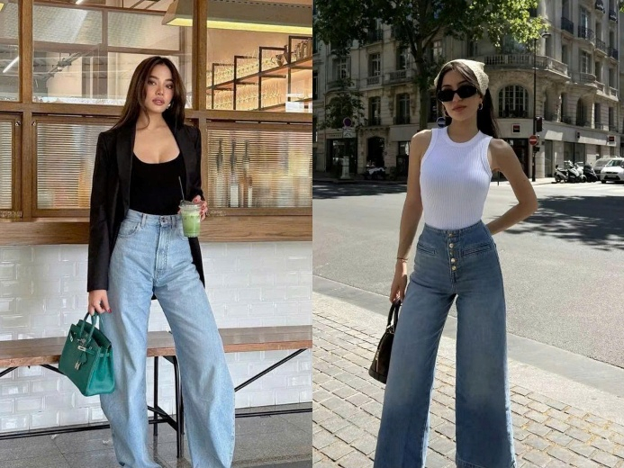 Những chiếc quần jean ống rộng cạp cao luôn là lựa chọn an toàn và hiệu quả nếu bạn muốn tạo cảm giác đôi chân dài hơn. Khi phối cùng với áo ôm sát hay dáng croptop nhẹ, phần thân trên sẽ được thu gọn tự nhiên và tỷ lệ cơ thể trở nên cân đối hơn. Bạn cũng có thể khoác thêm blazer hoặc chọn kiểu áo không tay để tạo điểm nhấn ở vai, giúp ánh nhìn tập trung vào phần trên thay vì kéo xuống phần lưng. Cách phối đồ đơn giản nhưng giúp nàng lưng dài tự tin hơn trong những dịp dạo phố hay cà phê cuối tuần.