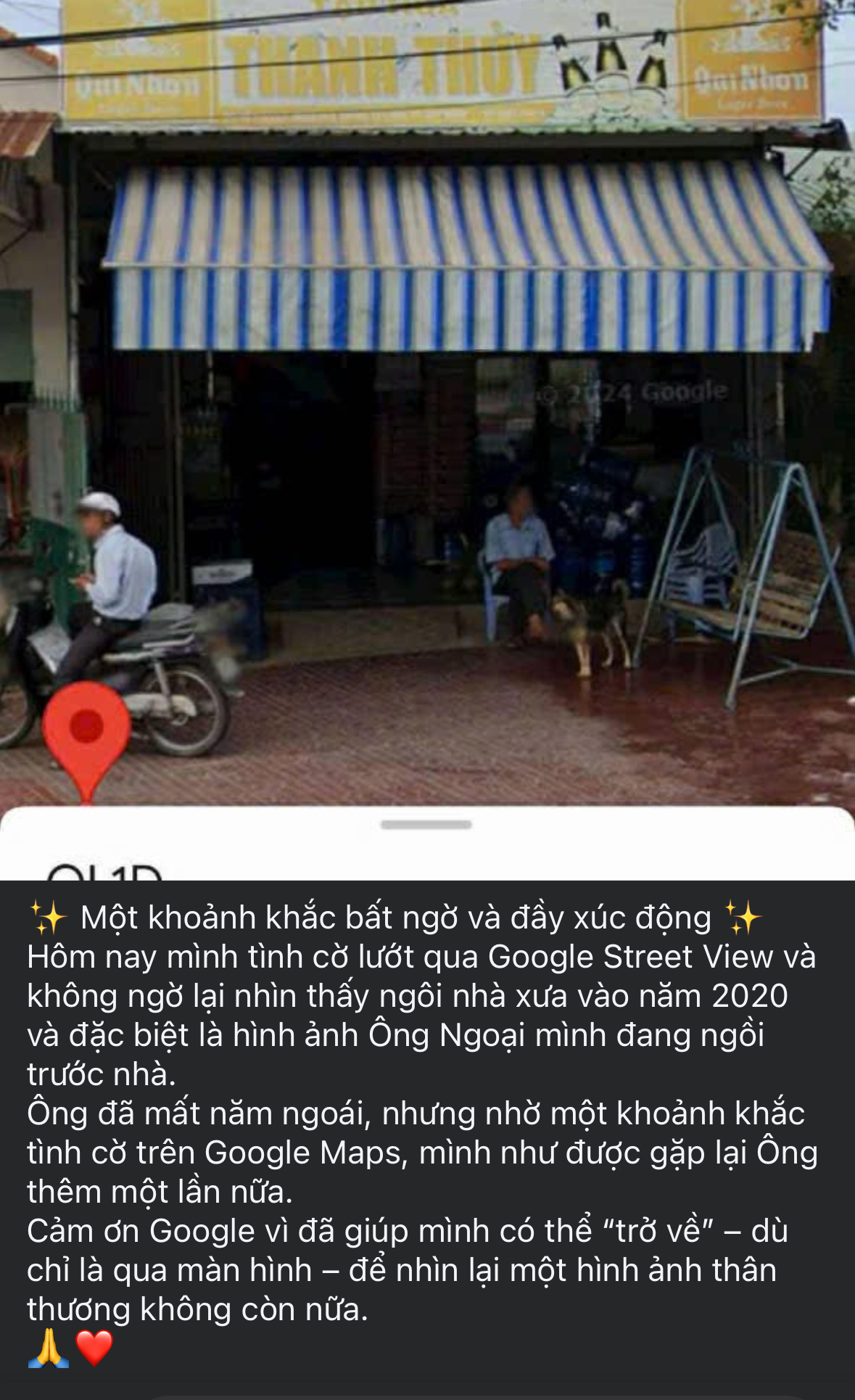 Một chia sẻ của người dùng mạng xã hội về khoảnh khoắc bất ngờ nhìn thấy người thân của mình trên Google Street View