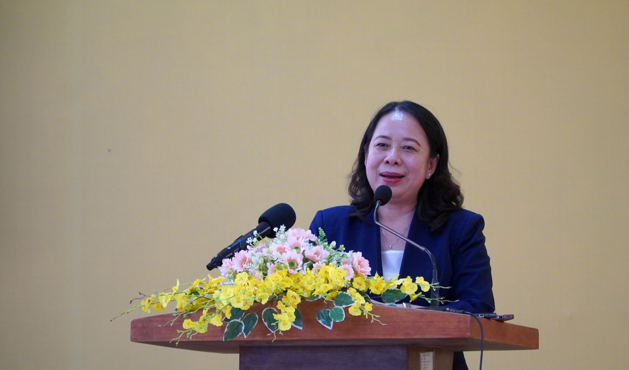 Phó Chủ tịch nước Võ Thị Ánh Xuân phát biểu tại buổi tiếp xúc cử tri tại xã Tân Hiệp (An Giang) - Ảnh CTV