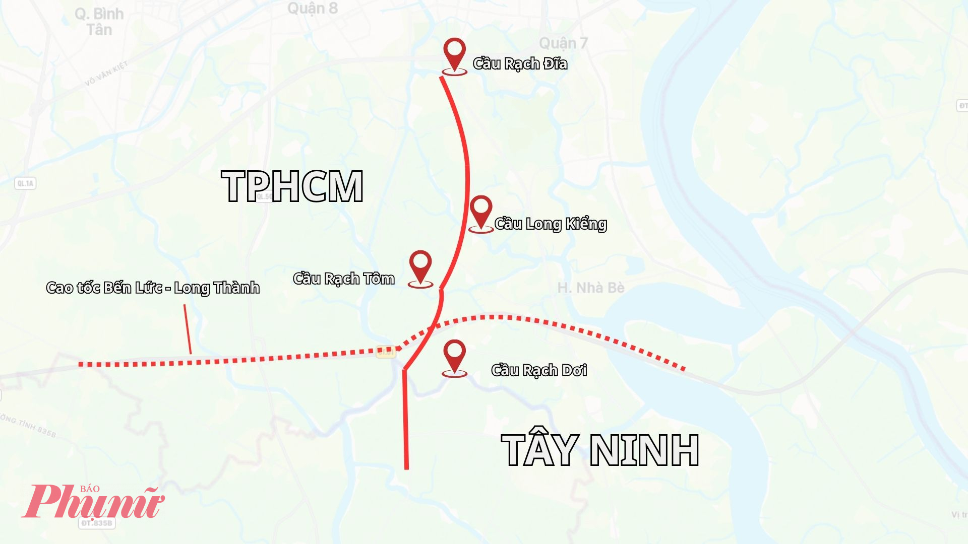 Vị trí 4 cây cầu yếu trên tuyến đường Lê Văn Lương được bố trí theo hướng từ TP.HCM đi tỉnh Tây Ninh