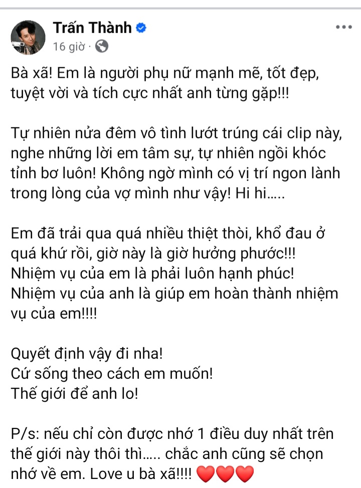 Trấn Thành thổ lộ tình cảm với vợ trên trang cá nhân 