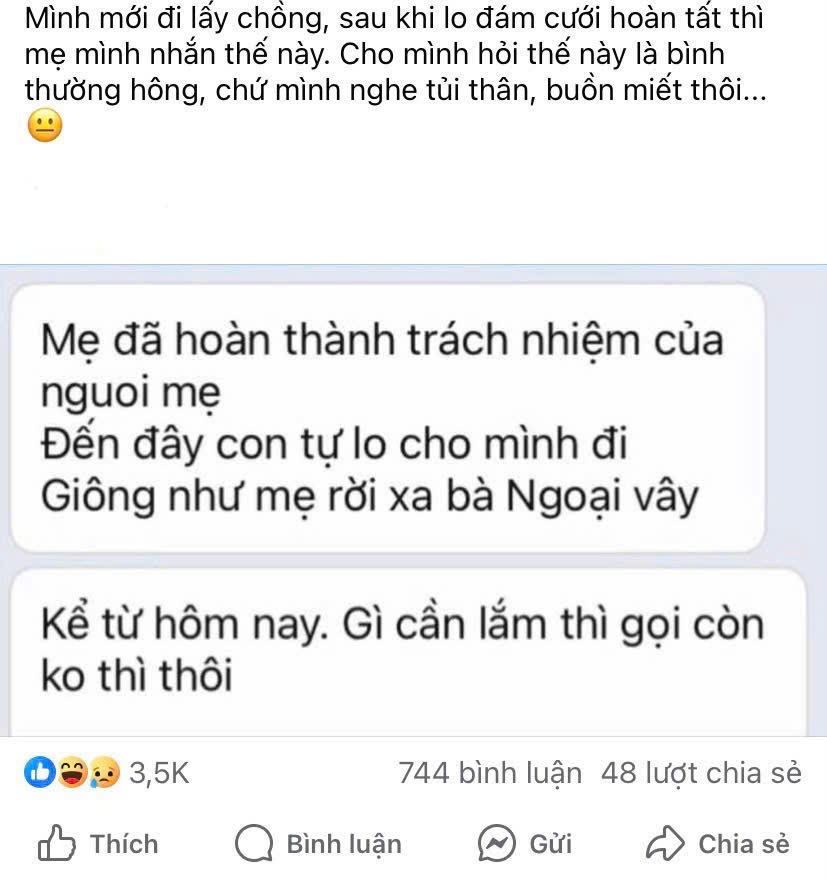 Nỗi băn khoăn của cô dâu mới khi nhận tin nhắn của mẹ - Ảnh: Chụp màn hình từ trang Ở nhà vui thấy bà!