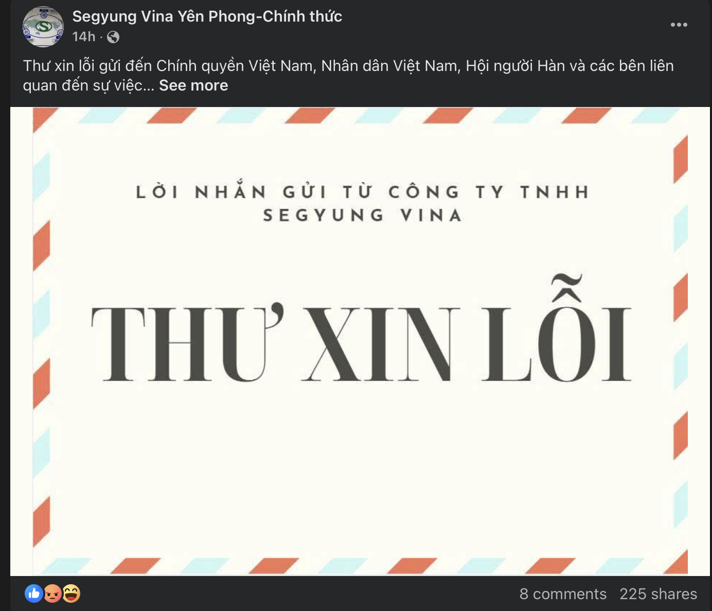 Bài đăng xin lỗi trên Fanpage của Segyung Vina Yên Phong