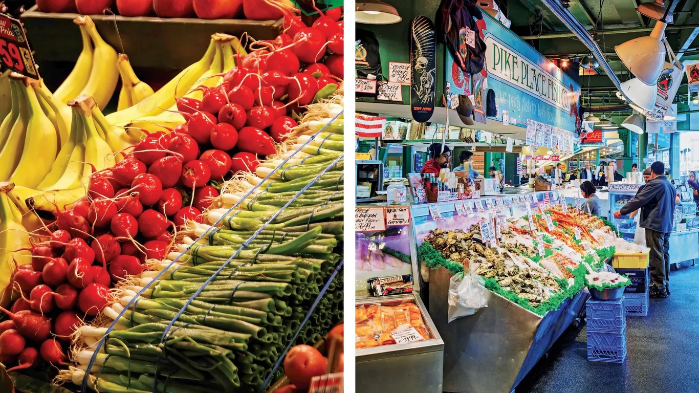Chợ Pike Place ở Seattle, Mỹ. Được thành lập vào năm 1907 với chỉ 8 nông dân, chợ ngày nay bán bánh rán, kem, sô cô la hạt, trái cây theo mùa,  thịt nguội… Hàng năm chợ đón hàng triệu khách du lịch. 