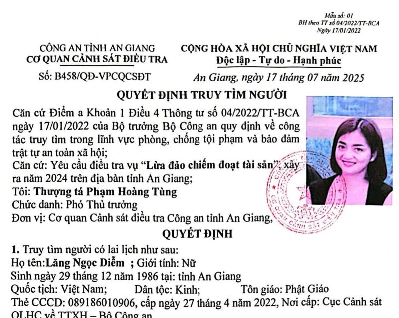 Quyết định truy tìm Lăng Ngọc Diễm… Ảnh: Tiến Tầm