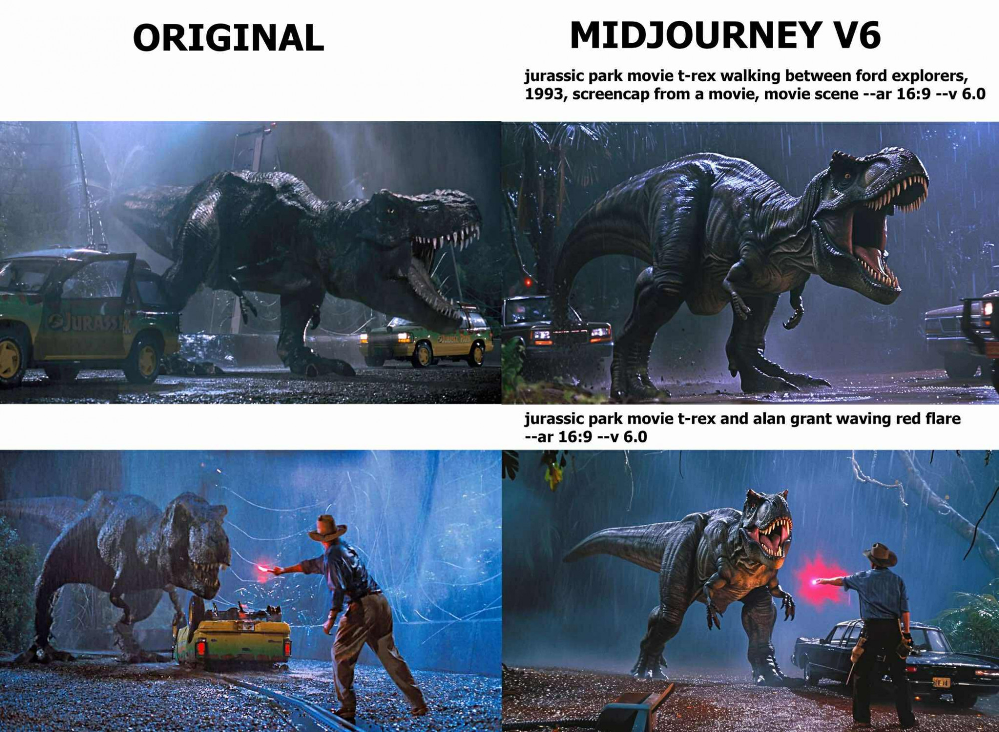 Họa sĩ minh họa Hollywood Reid Southen đã thực hiện một cuộc so sánh trực tiếp các hình ảnh từ Công viên kỷ Jura và công cụ tạo video Midjourney