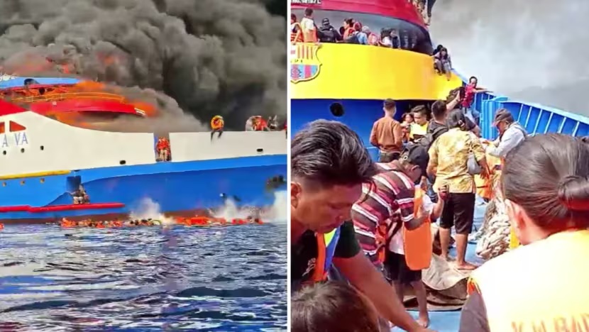 Hành khách tìm cách thát nạn sau vụ cháy lớn trên tàu KM Barcelona 5 ngoài khơi tỉnh Bắc Sulawesi, Indonesia vào ngày 20/7