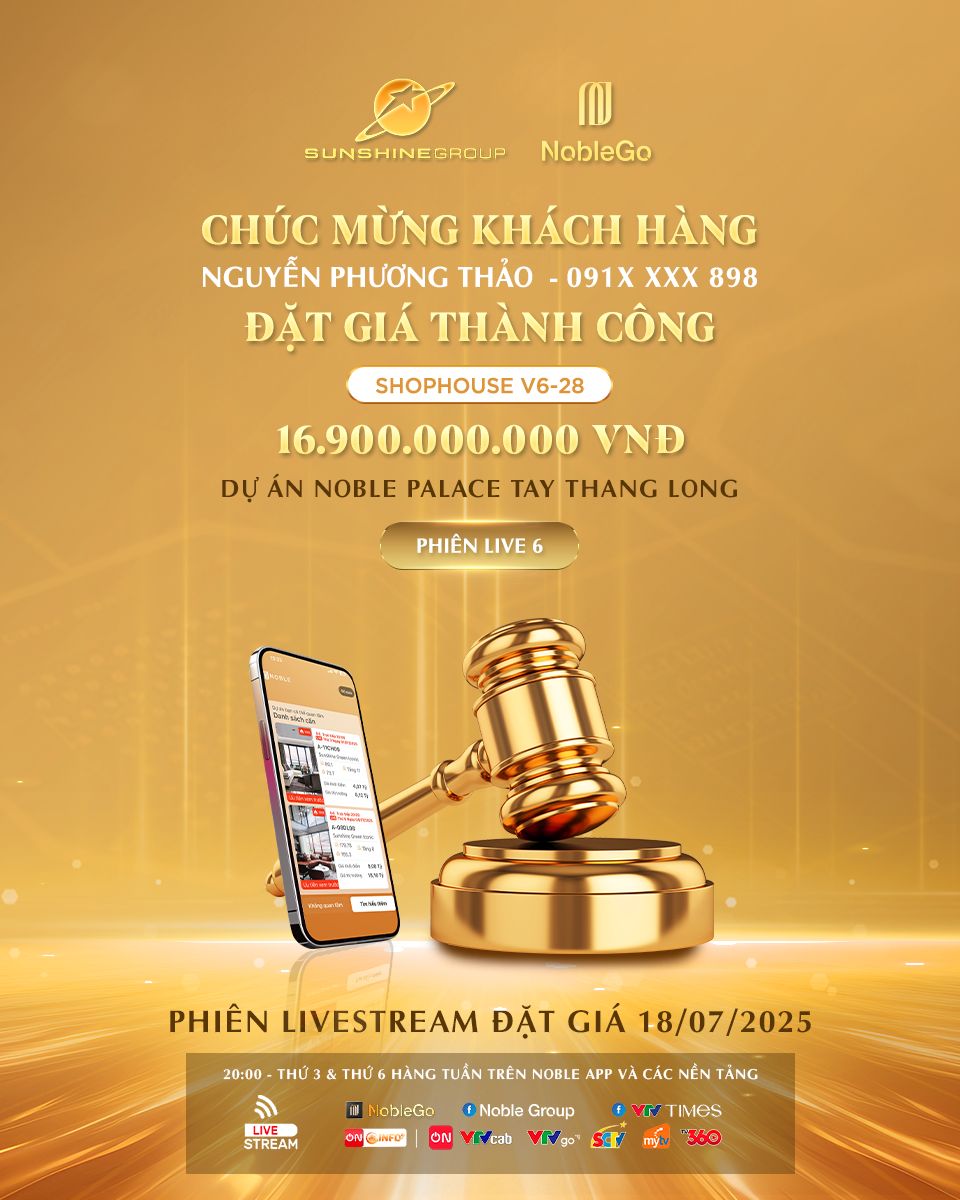 Khách “săn” nhà phố Sunshine Group giá hời tối 18/7: Sổ đỏ lâu dài, sắp bàn giao, khai thác ngay Giá chốt nhà phố chỉ được xác lập trong vòng 3 - sau 10 phút đặt giá đầy kịch tính và sát nút, cho thấy sức nóng và sự hấp dẫn đặc biệt của mô hình đặt giá mua nhà trên nền tảng livestream của NobleGo