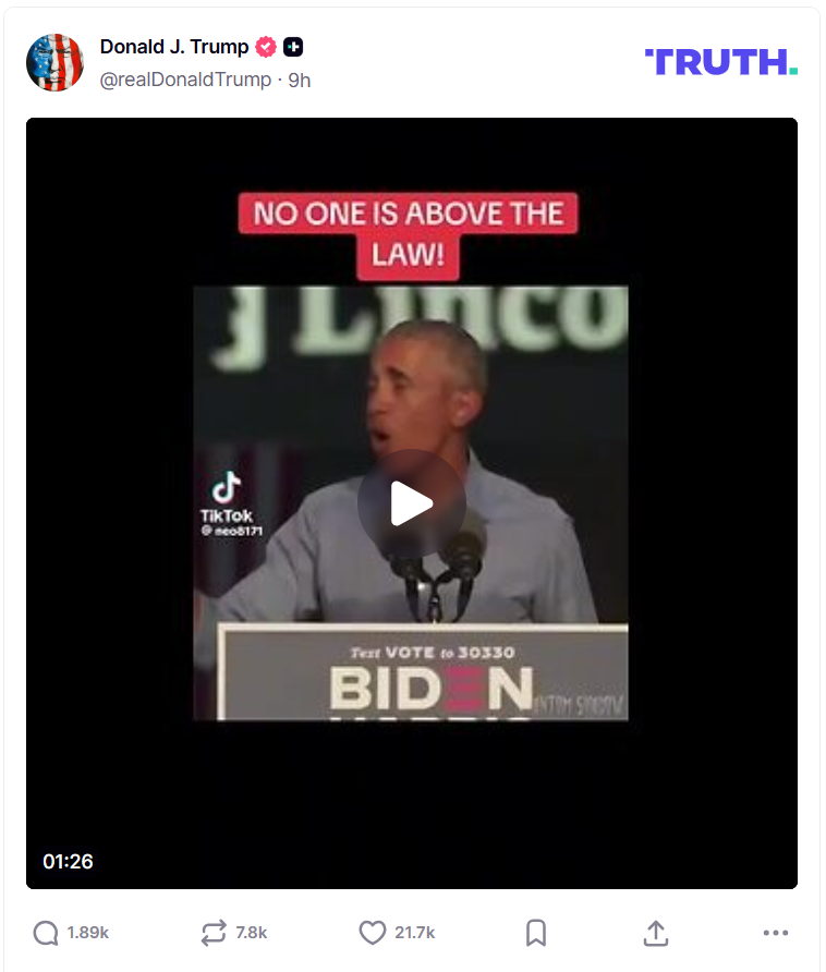 Trên mạng xã hội Truth Social, Tổng thống Mỹ Donald Trump chia sẻ video do AI tạo dựng về cảnh bắt giữ ông Barack Obama