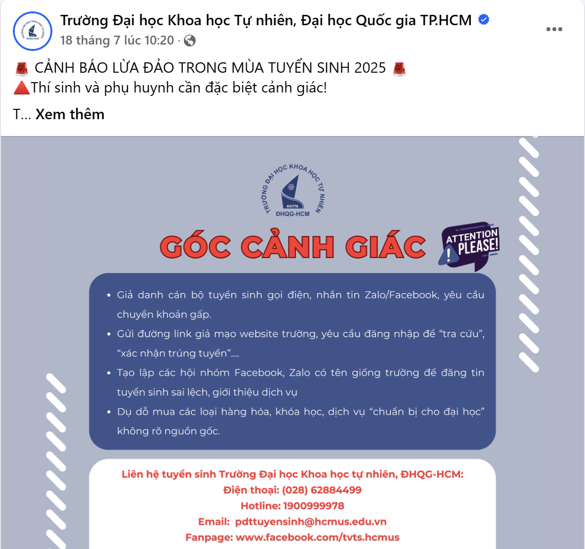 Trường đại học Khoa học Tự nhiên - Đại học Quốc gia TPHCM - cảnh báo phụ huynh, học sinh - Ảnh chụp màn hình 