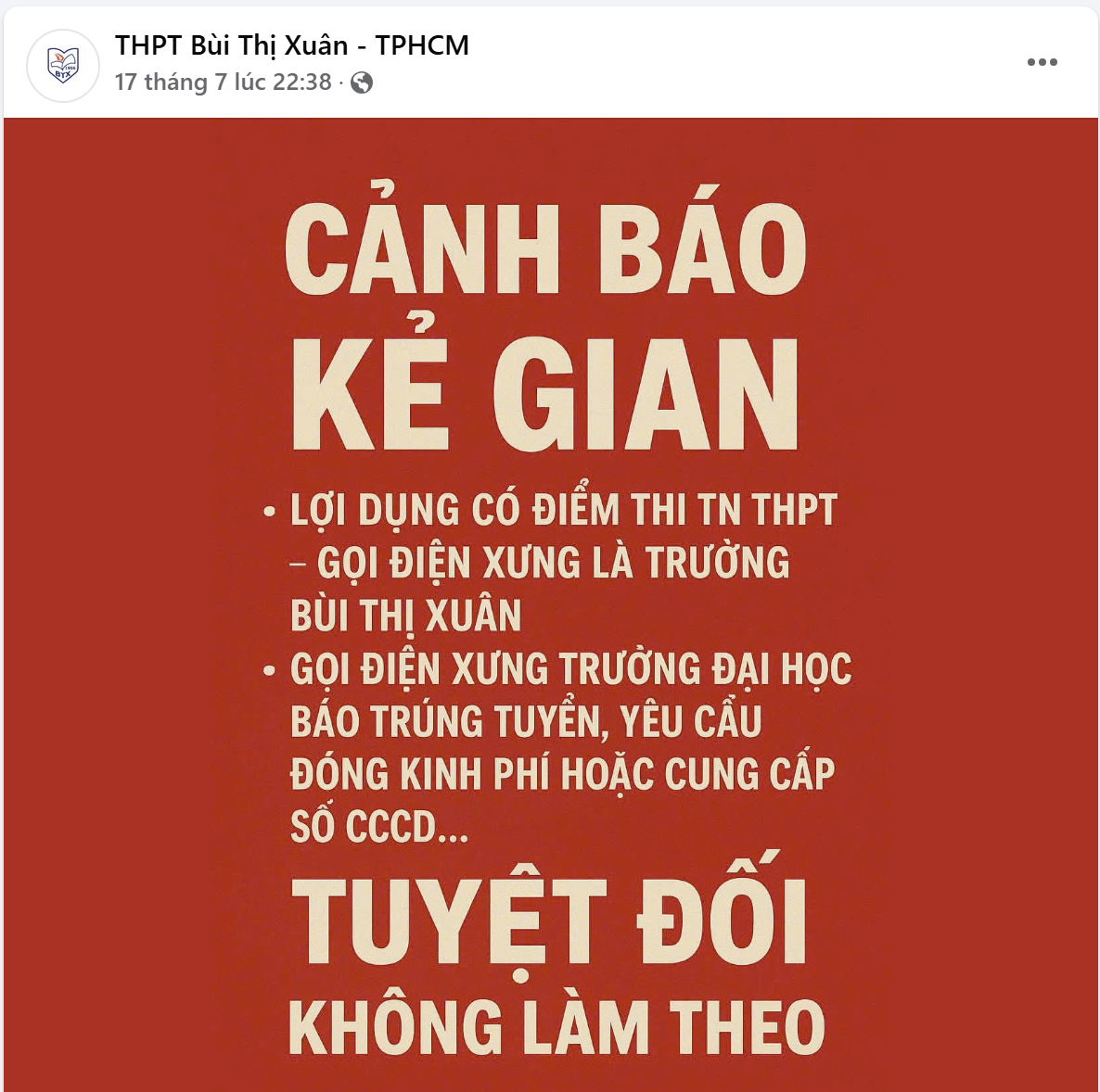 Cảnh báo trên Facebook của Trường THPT Bùi Thị Xuân - Ảnh chụp màn hình