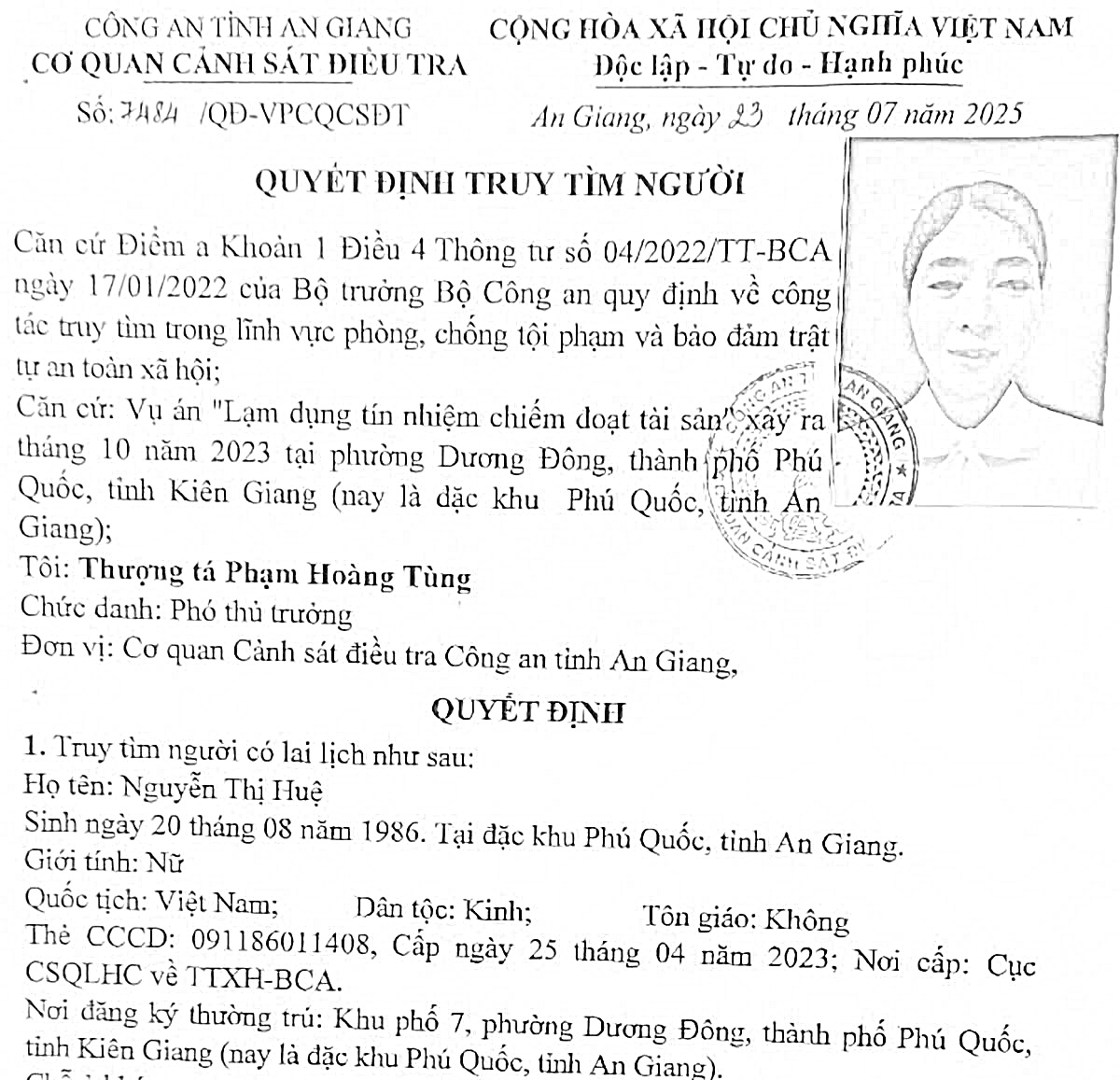 Thông tin tuy tìm Nguyễn Thị Huệ - Ảnh CACC