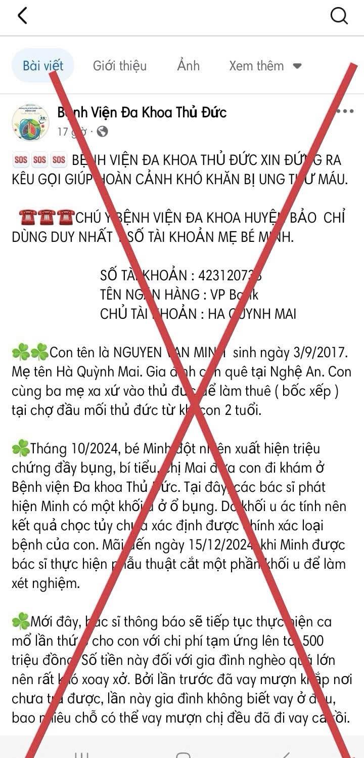 Bệnh viện TP Thủ Đức cho biết nhiều lần bị giả mạo bởi các tài khoản trên mạng xã hội