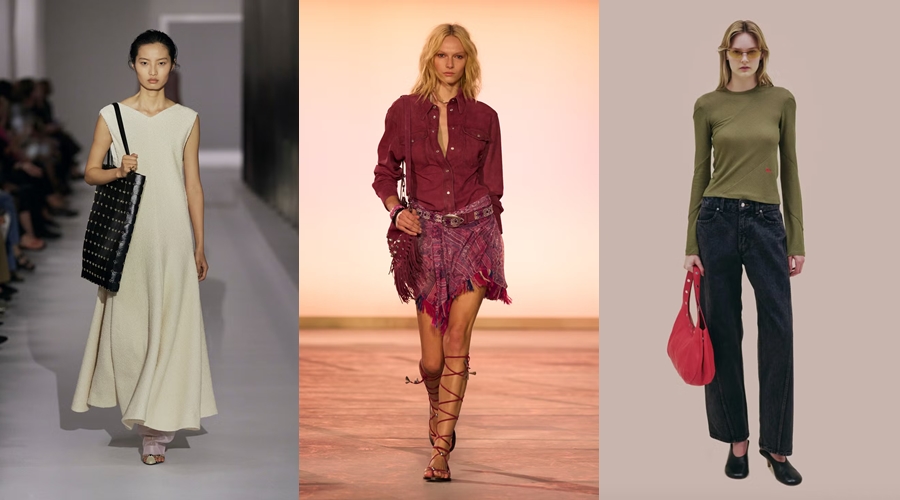 Nhà mốt Khaite, Isabel Marant, Eckhaus Latta (lần lượt từ trái qua) lăng xê những mẫu túi xách đinh tán trên sàn diễn, thu hút sự quan tâm của giới mộ điệu.