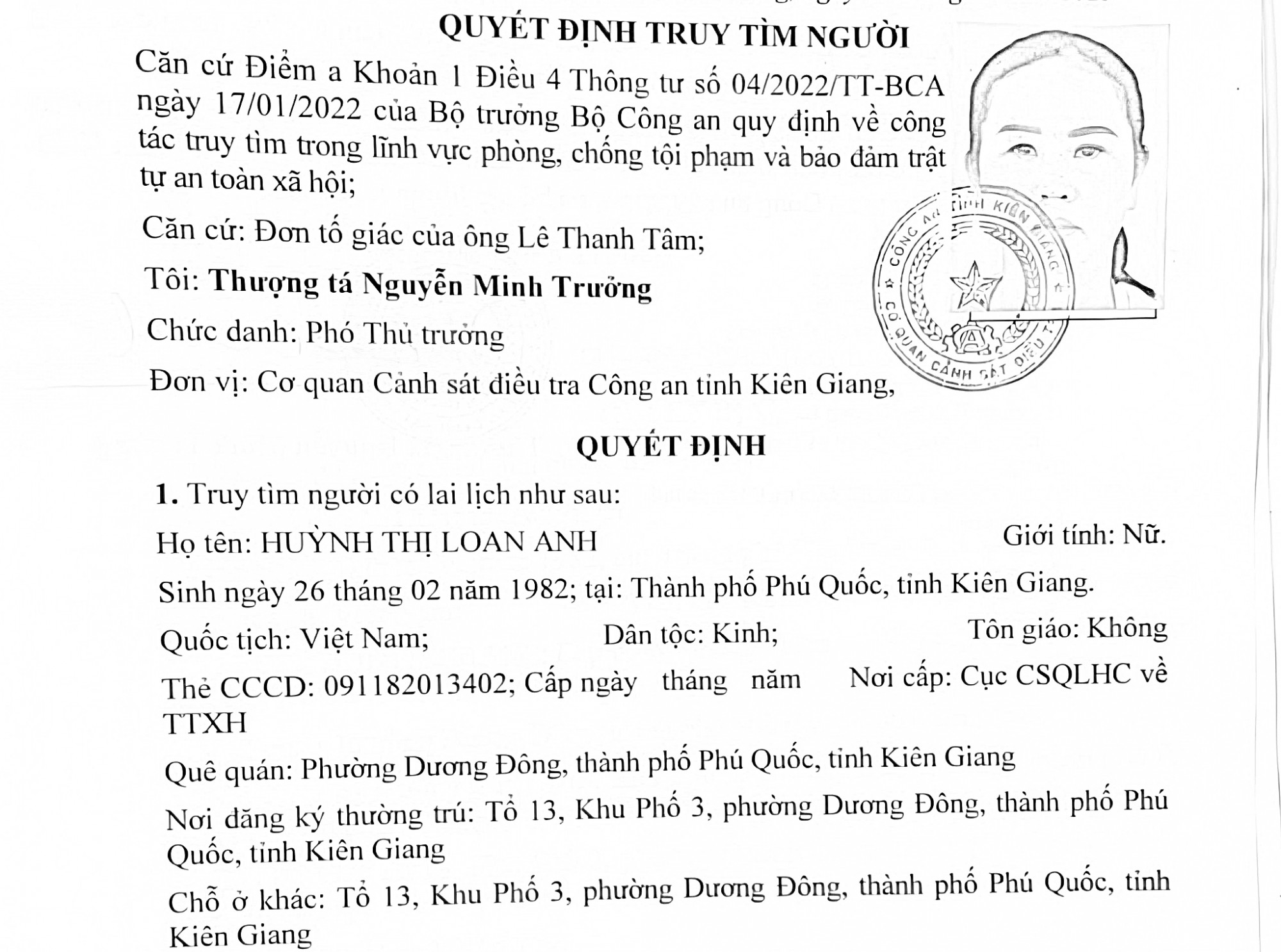 Thông tin công an truy tìm Huỳnh Thị Loan Anh ở Phú Quốc - Ảnh CACC