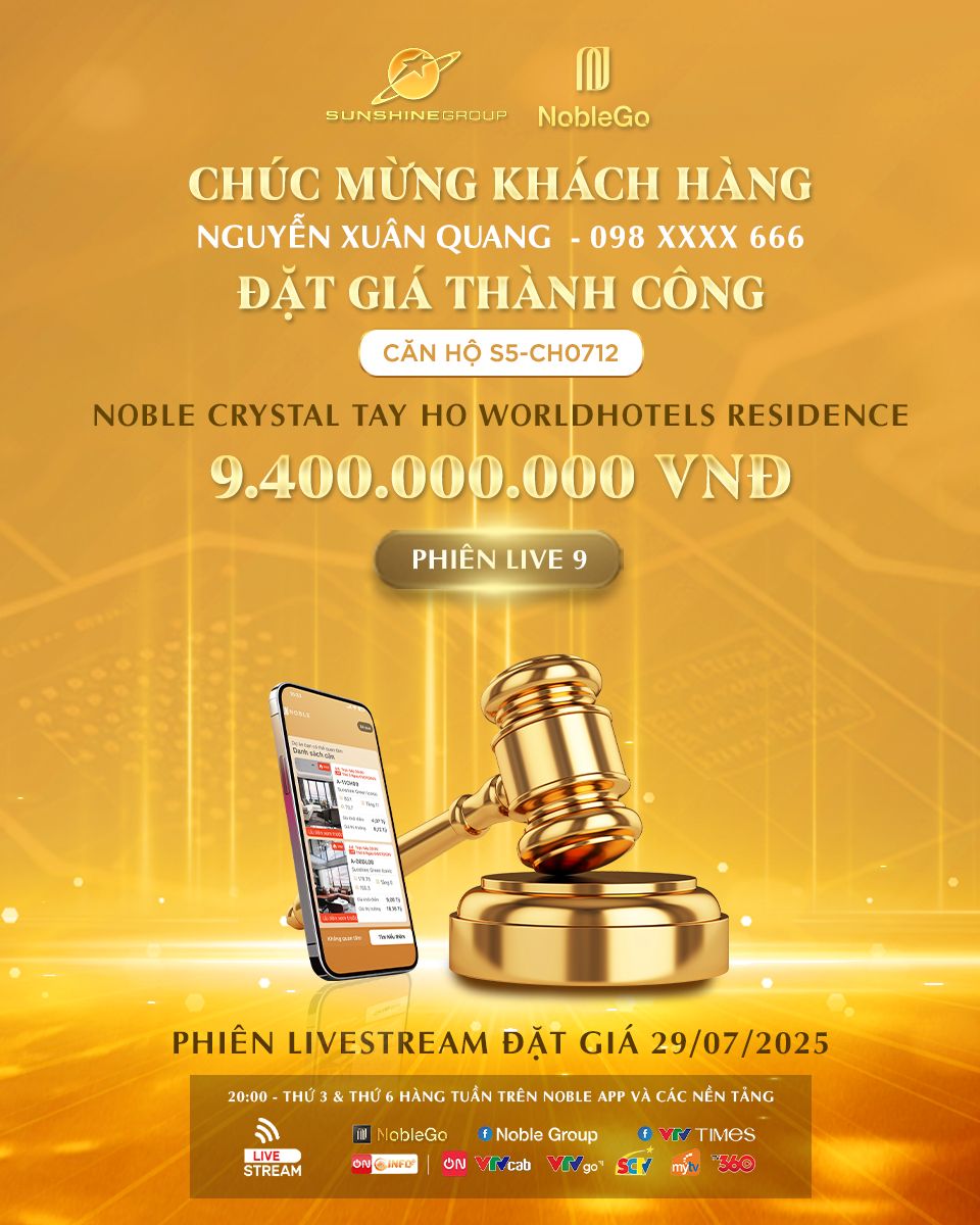“Săn” thành công căn hộ hàng hiệu của Sunshine Group với giá rẻ hơn gần 6 tỉ trên livestream 29/7 Khách hàng Nguyễn Xuân Quang đã chính thức trở thành chủ nhân của căn hộ S5-CH0712 với mức đặt giá 9,4 tỉ đồng trong phiên livestream tối ngày 29/7