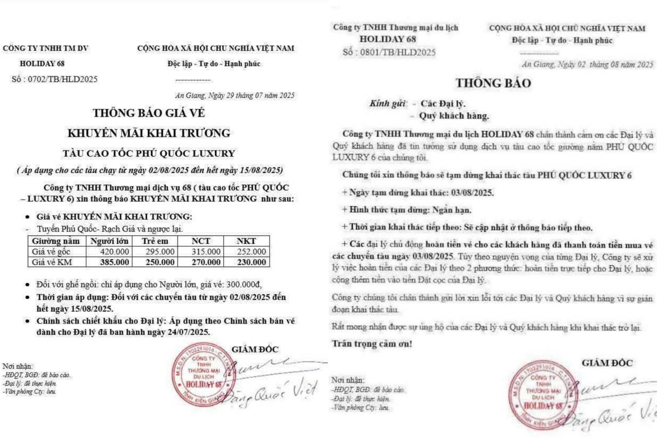 Thông báo giá vé bán và tạm ngưng hoạt động của Tàu cao tốc giường nằm Phú Quốc Luxury 6 - Ảnh Bạn đọc cung cấp