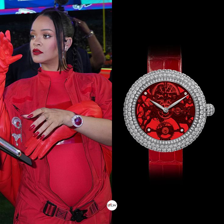 . Jacob & Co Brilliant Skeleton Northern Lights Trong màn trình diễn giữa hiệp Super Bowl 2023, Rihanna lựa chọn phiên bản màu đỏ rực của mẫu đồng hồ này – với mặt số mô phỏng cực quang và thiết kế lộ cơ, đính hơn 300 viên kim cương. Giá trị khoảng 76.000 USD.