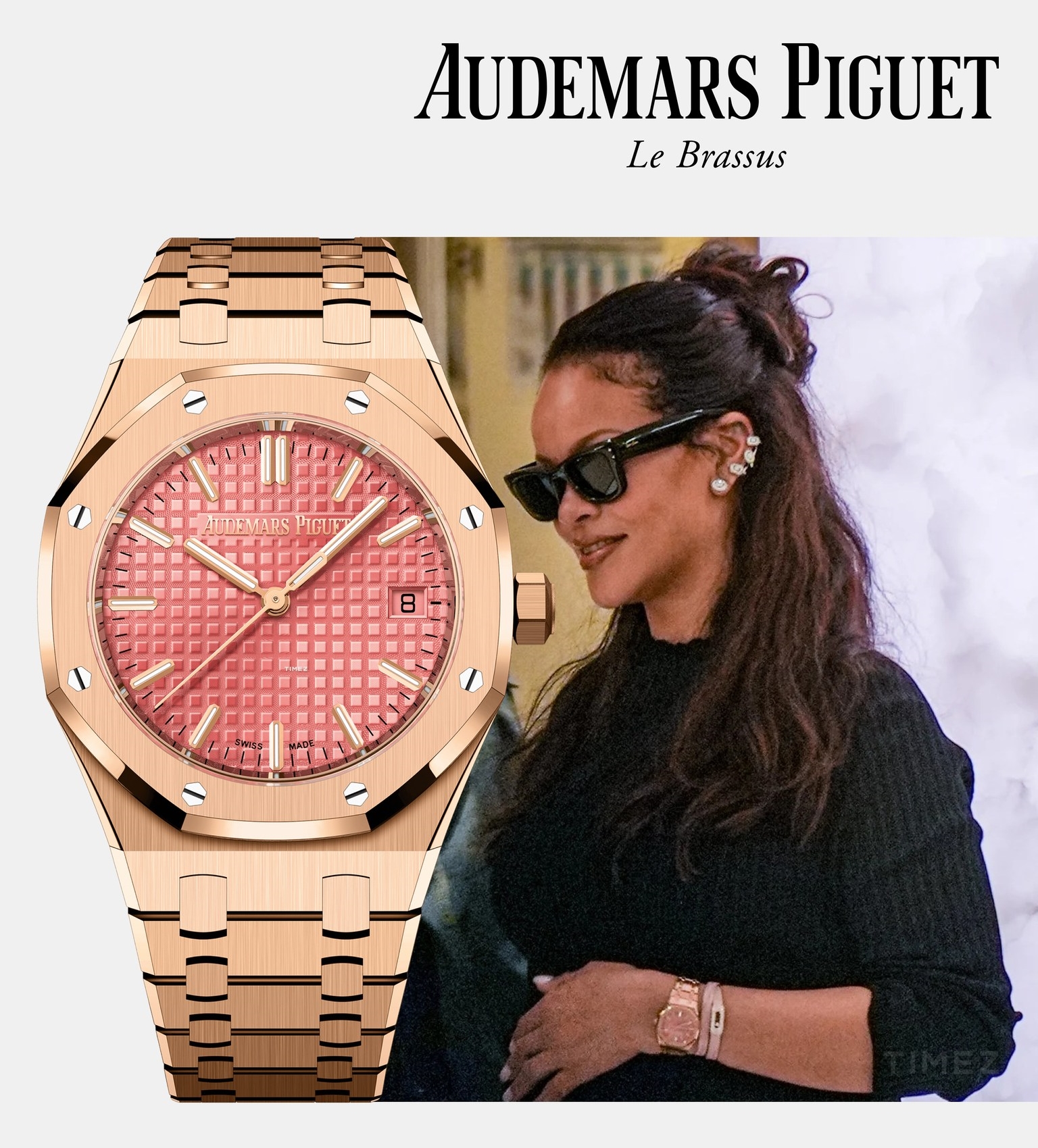 Audemars Piguet Royal Oak Gây chú ý trong một lần dạo phố với váy bầu Saint Laurent và giày Puma, Rihanna đeo trên tay mẫu Royal Oak 77450OR vừa được ra mắt, làm từ vàng hồng 18k, mặt số hồng và dây đeo đồng bộ. Dù nữ tính, mẫu đồng hồ này vẫn giữ được nét mạnh mẽ đặc trưng của Royal Oak, hiện có giá khoảng 90.000 USD trên thị trường thứ cấp.